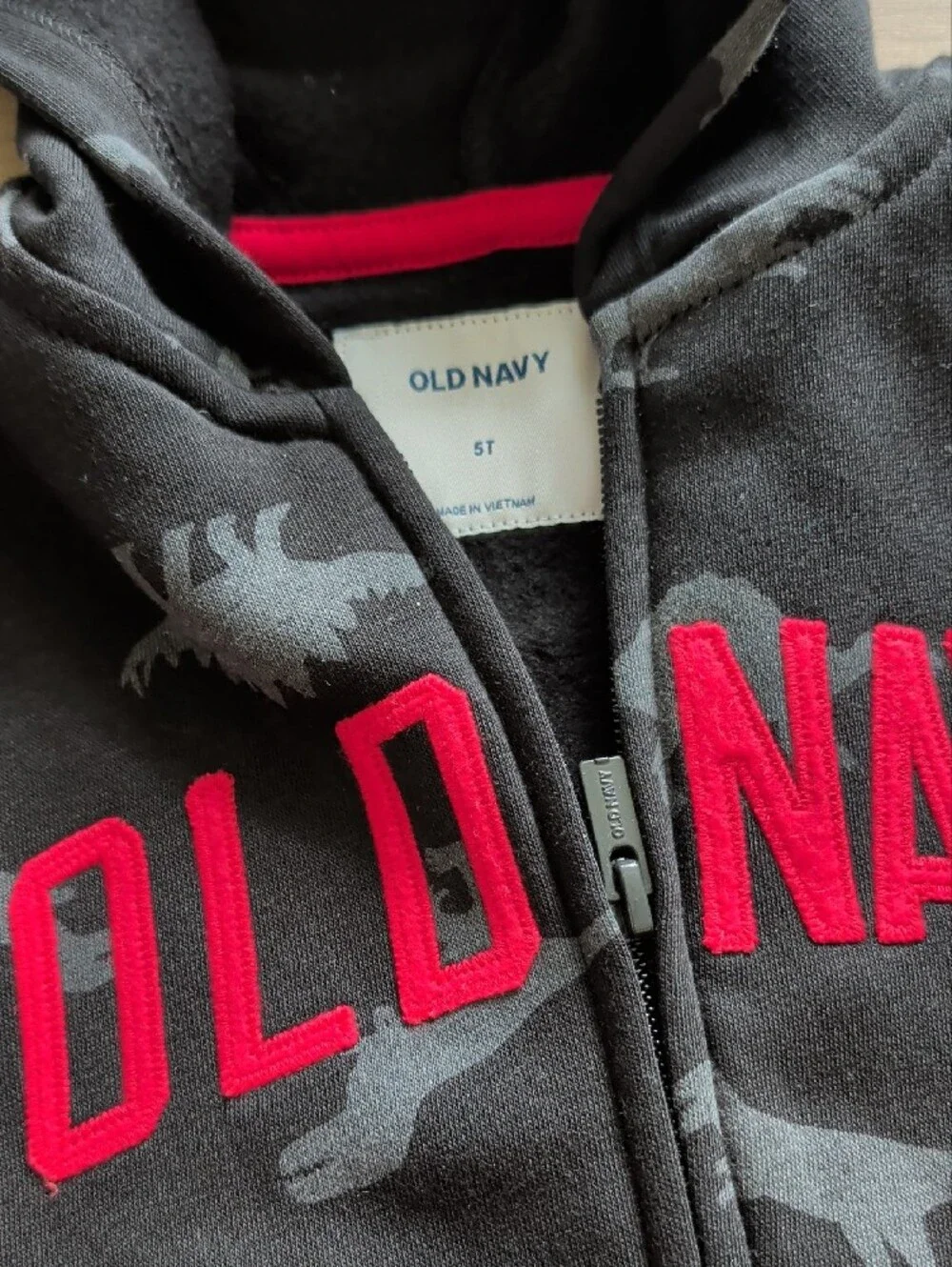 Old Navy Black Hoodie with Gray Dino Print and Red Logo